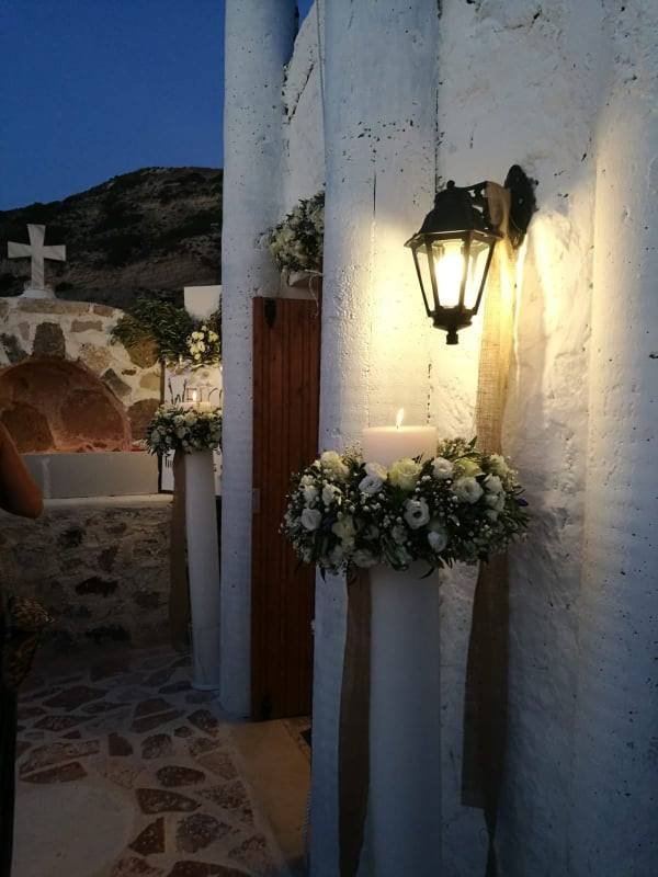 Chapel entrance decorated with flowers for a wedding